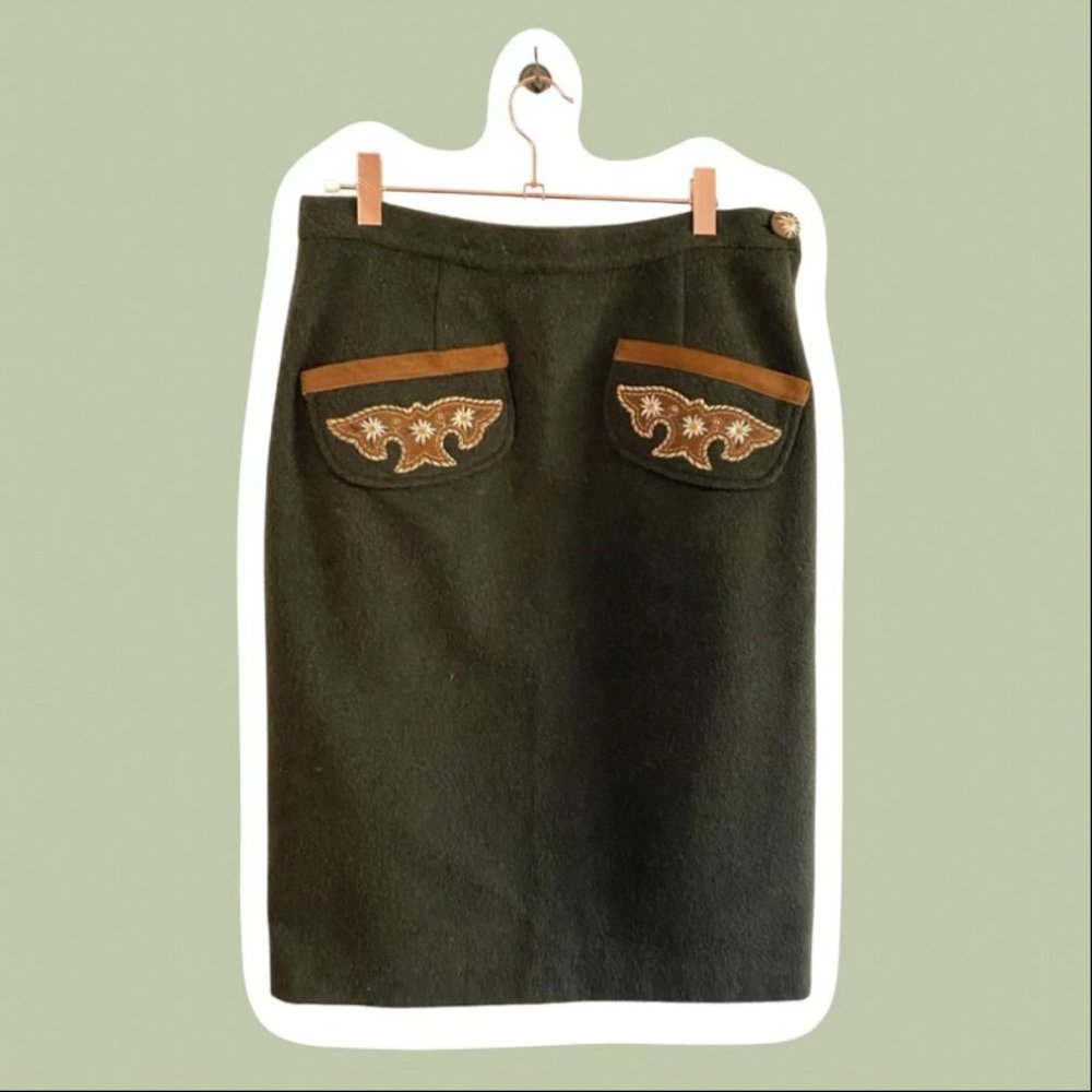 Modern Vintage Embroidered Leather & Wool Skirt